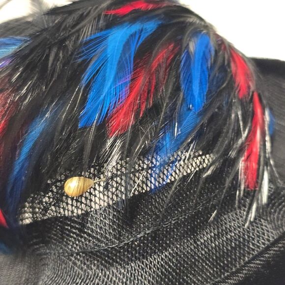 Vintage Black Red Blue Feathers Velvet And Mesh Hat Derby Church Formal Evening - Picture 2 of 11
